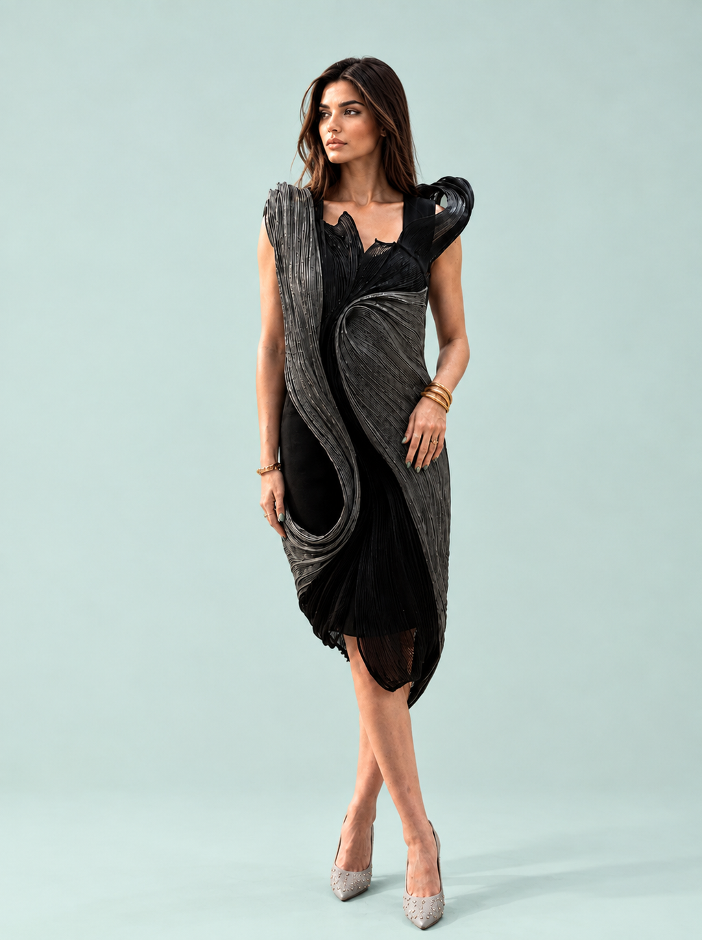 AI Silver Dress full length — luxury designer partywear dress India asymmetric hem