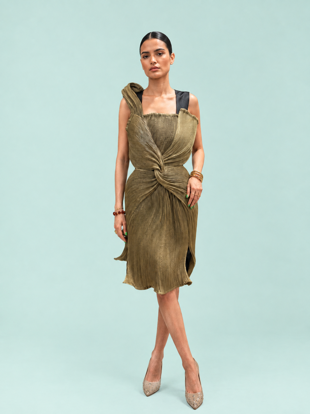 AI Gold Dress twisted knot detail — luxury partywear designer dress The Darling Girl