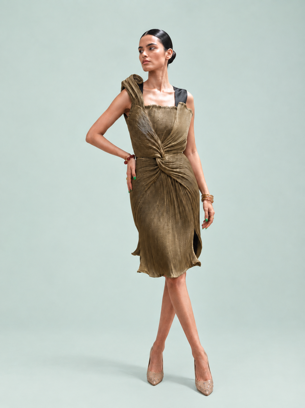 AI Gold Dress full length — antique gold structured occasion dress India