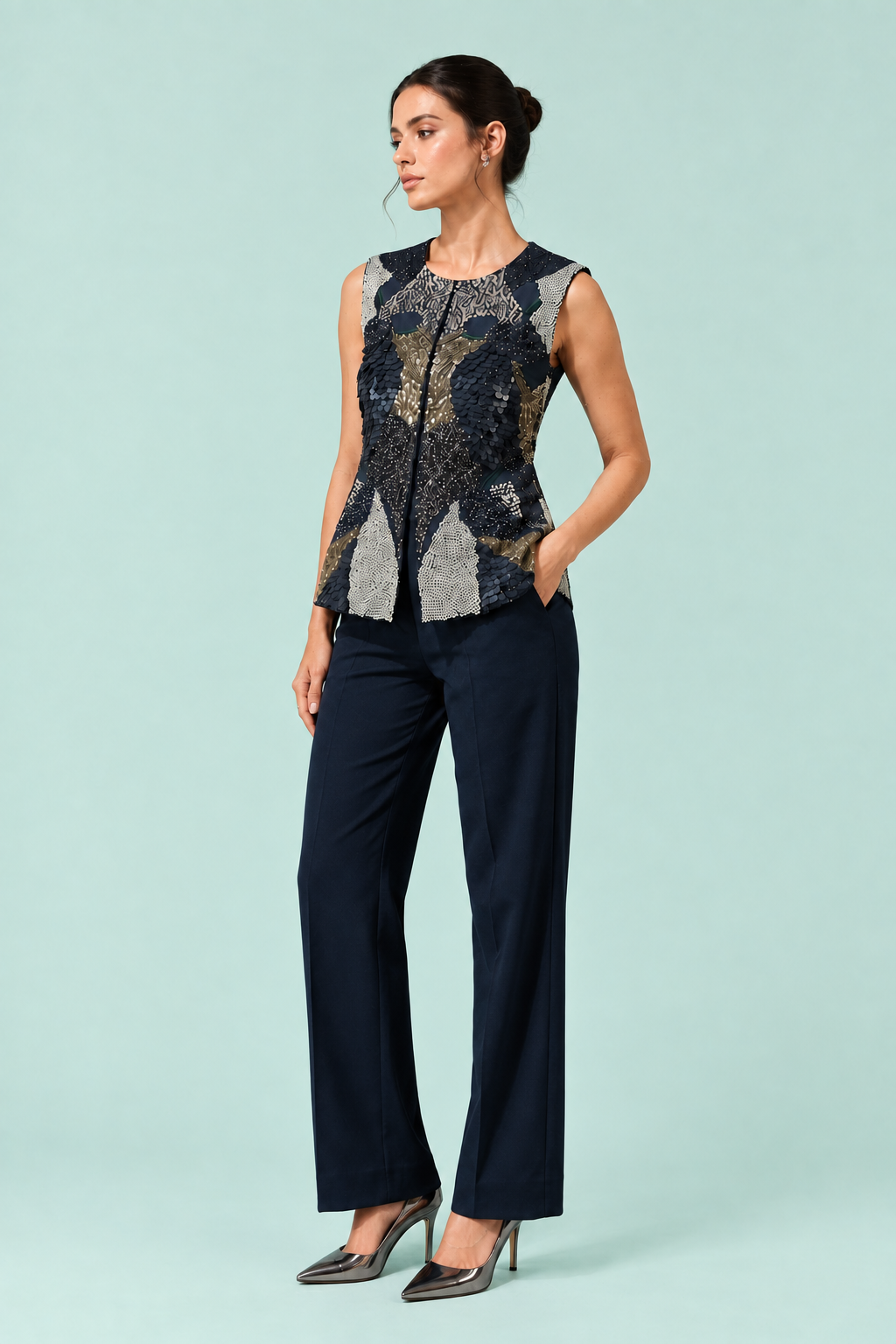 Midnight Monrac Jacket full length — luxury sleeveless peplum jacket India