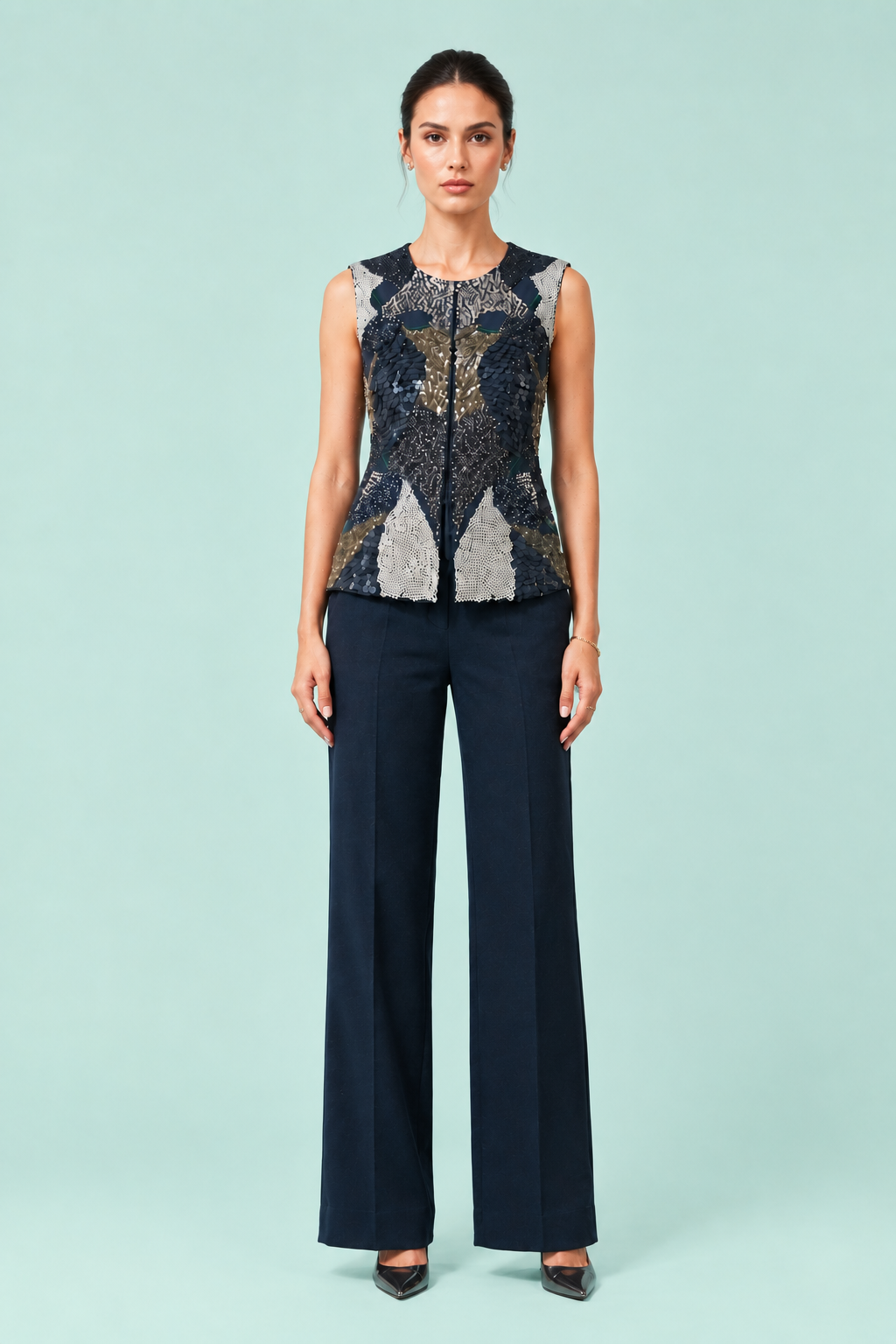 Midnight Monrac Jacket front view — navy embellished patchwork jacket The Darling Girl Eclipse 26