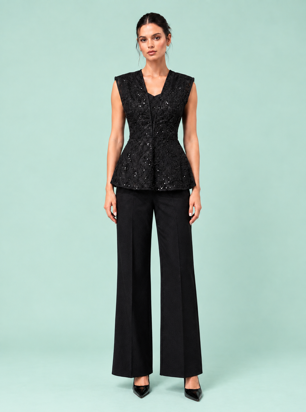 NYX Top front view — black crystal peplum embellished top The Darling Girl Eclipse 26