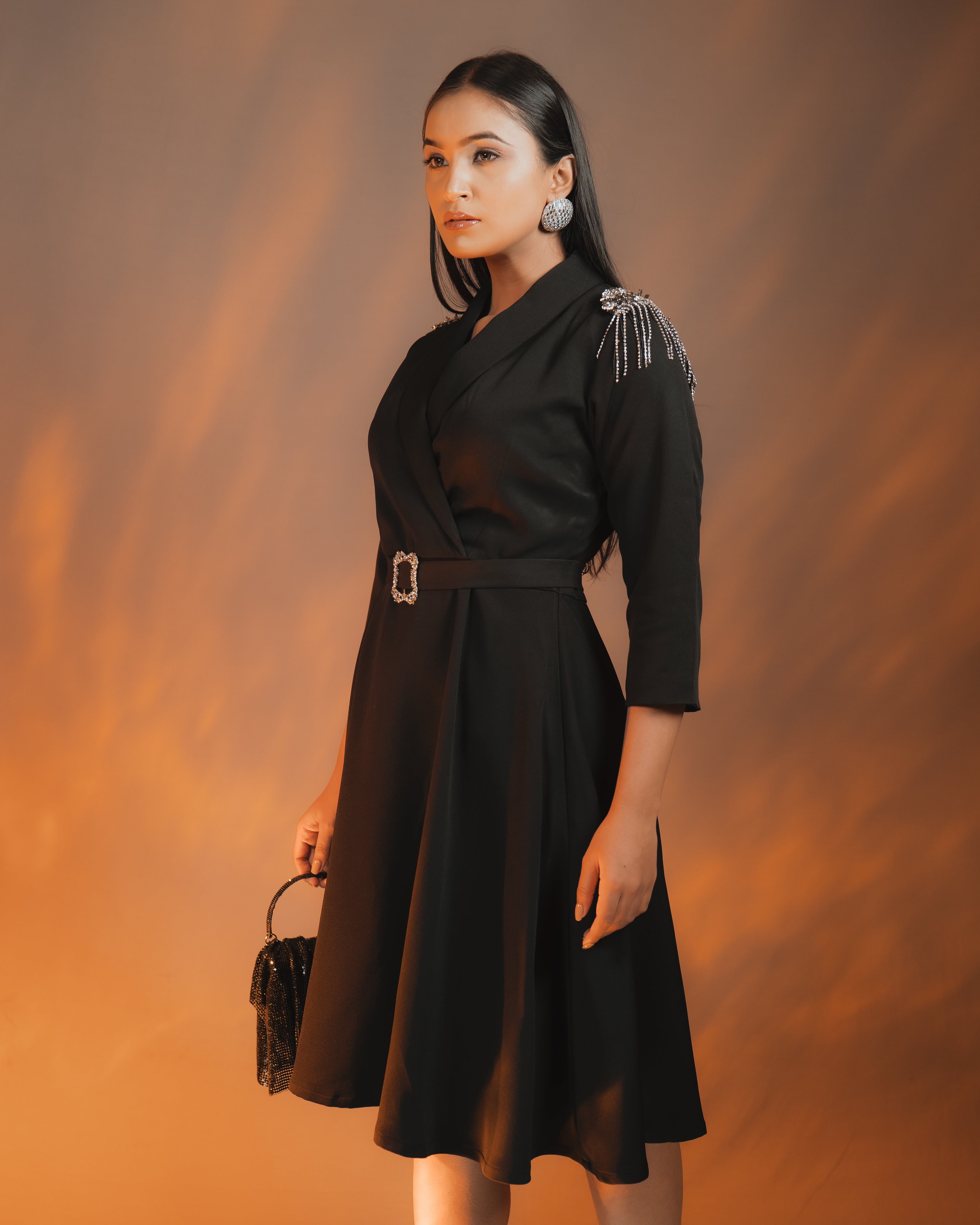 Ana Dress – 3D Shoulder Embellished Shawl Collar Party Dress