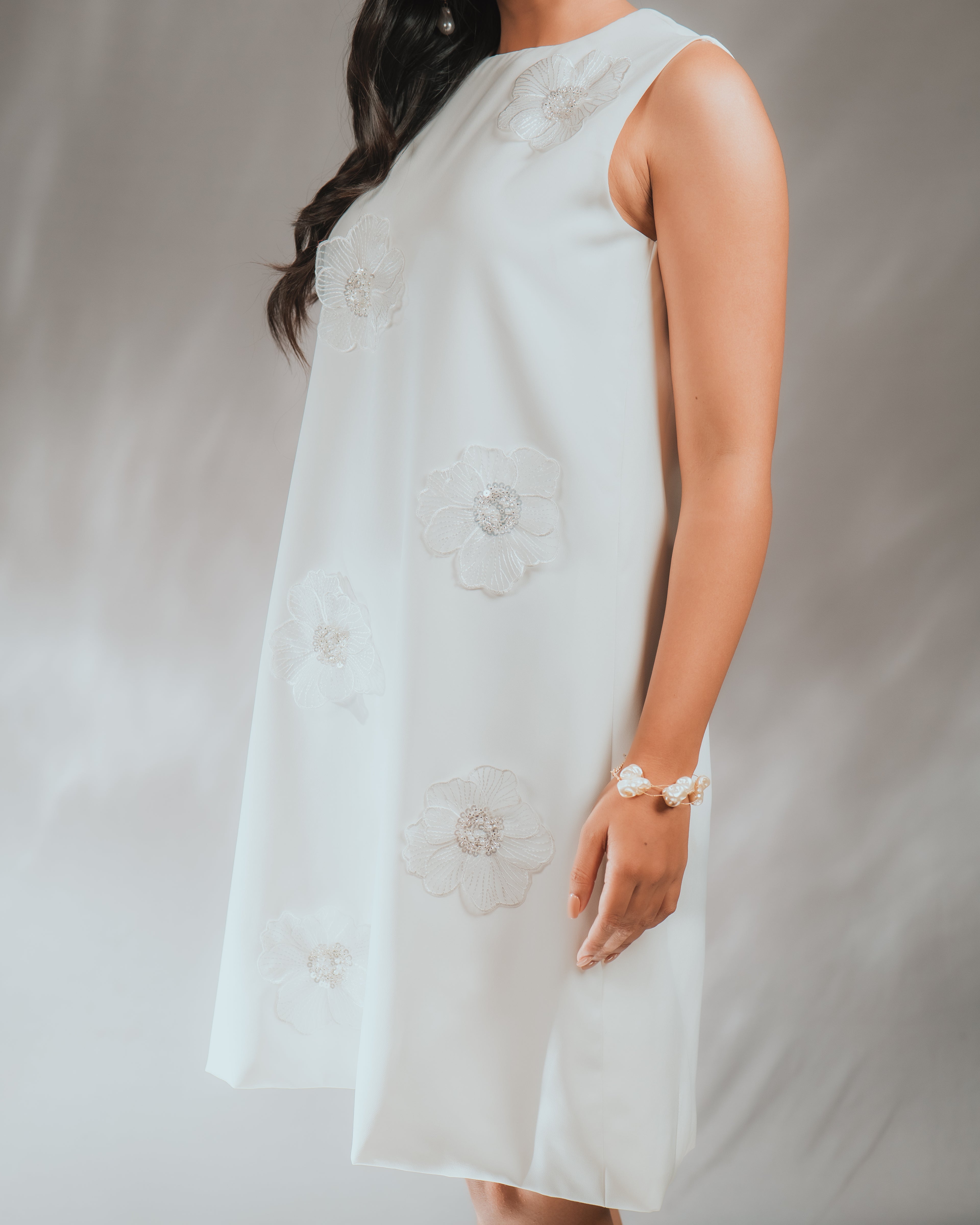 3D FLOWER DRESS showcasing organza 3D flowers with embroidery, elegant A-line design.