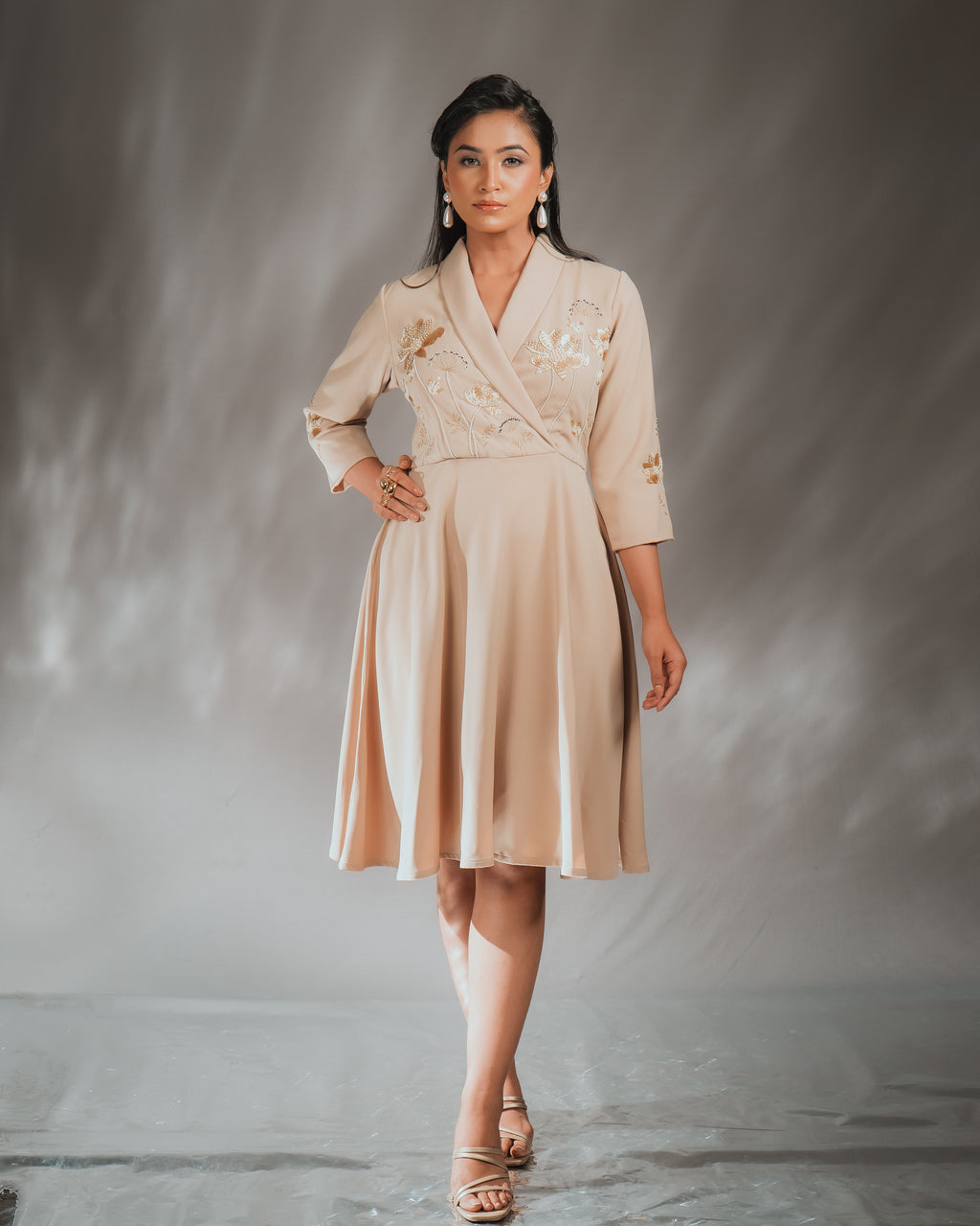 UNA SHAWL COLLAR DRESS with intricate hand embellishments and zip closure, in luxurious heavy crepe fabric.
