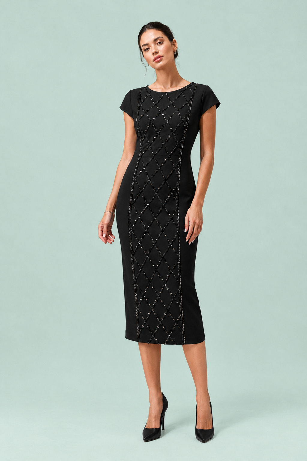 X Dress front view — black crystal diamond grid midi sheath dress The Darling Girl Eclipse 26